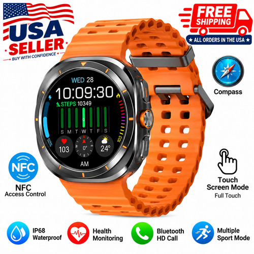 Smart Watch for Men Bluetooth Call Fitness Tracker IP68 Waterproof NFC US Orange