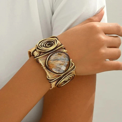 Gold Plated Wide Cuff Bracelet Women's Gemstone Inlay Fashion Bangle Jewelry