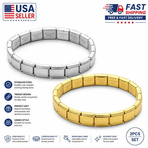2-Pcs Stainless Steel Charm Bracelet for Women Men Trendy Silver Link Chain USA