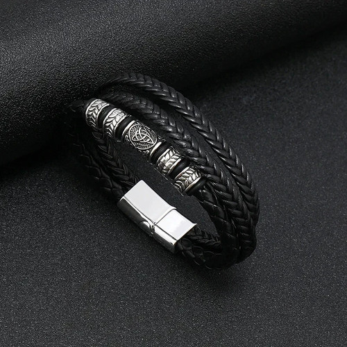 Men's Woven Leather Bracelet Magnetic Clasp Multi Layer Charm Wristband Gift