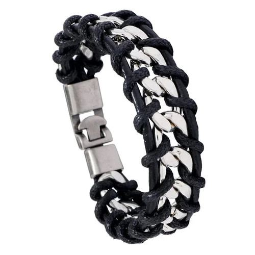 Men's Genuine Leather Cuff Bracelet Braided Chain Magnetic Clasp Wristband Gift