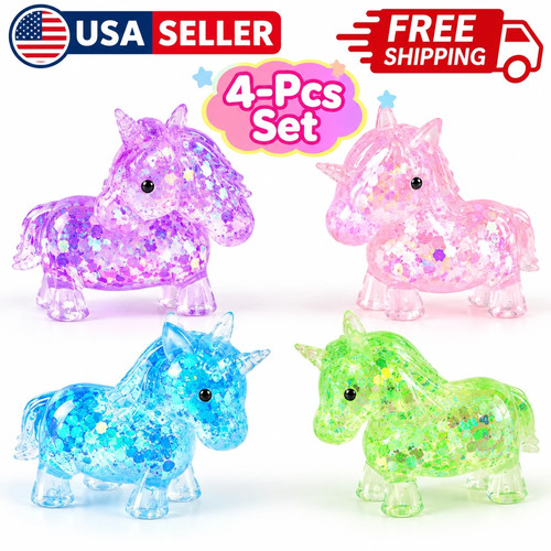 Mini Unicorn Squeeze Toys Glitter Aurora Sensory Stress Relief Fidget 4-Pcs Set
