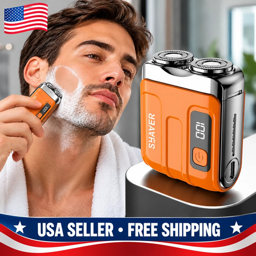 Mini Electric Shaver Men Dual Rotary Blades Digital Display Rechargeable Orange
