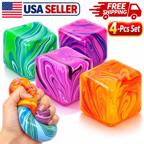 4-Pcs Marbled Cube Squeeze Fidget Toys TPR Sensory Stress Relief 14+ USA