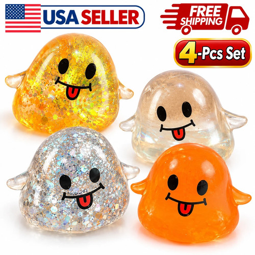 4-Pcs Halloween Ghost Squishy Stress Balls Glitter Sequin Sensory Fidget Toys