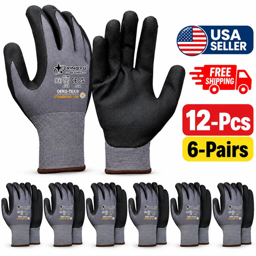 12-Pcs Nitrile Coated Work Gloves Safety Grip Construction Black Nylon Gloves