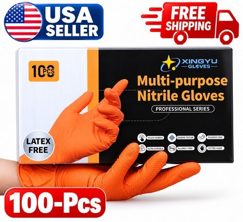 100Pcs Orange 8 Mil Diamond Nitrile Gloves Powder Free Oil Resistant Heavy Duty
