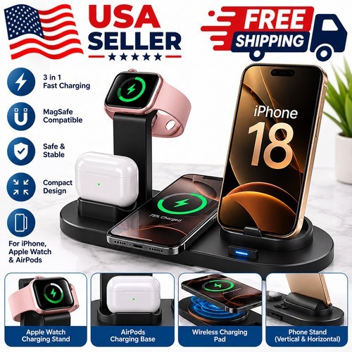 15W 4-in-1 Wireless Charging Station Fast Charger Dock Stand for Phone Watch USA