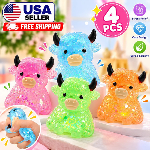 4 Pack Glitter Highland Cow Squishy Fidget Toys Sensory Stress Relief Gift USA