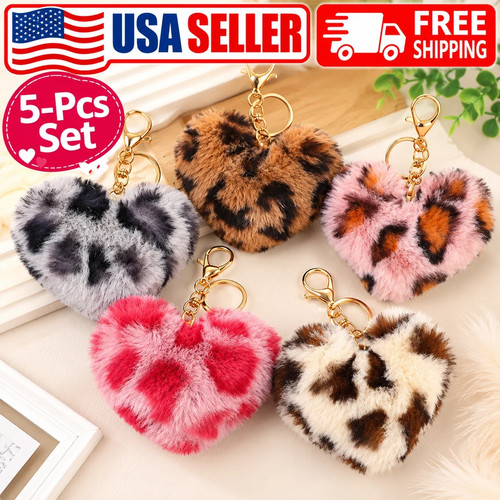 5-Pcs Plush Leopard Print Heart Keychain Cute Pendant Gift Multi-Color 9cm 4inch